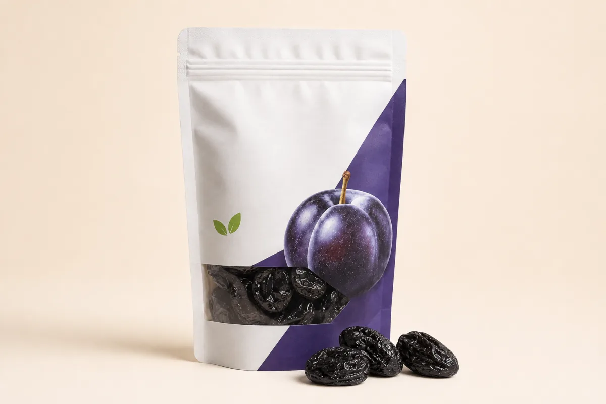 A 500 gram resealable zipper pouch for retail prunes