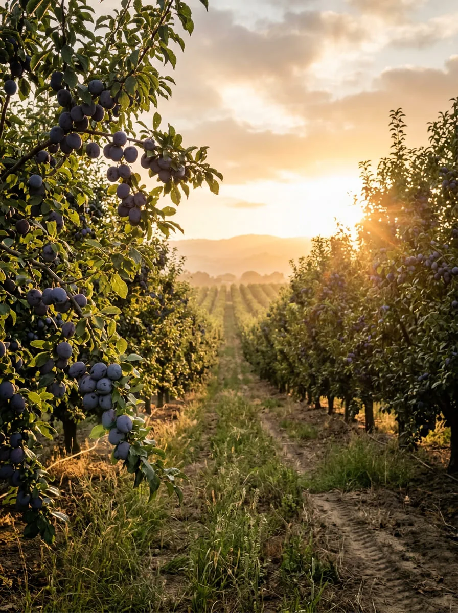 Plum orchard at sunset
